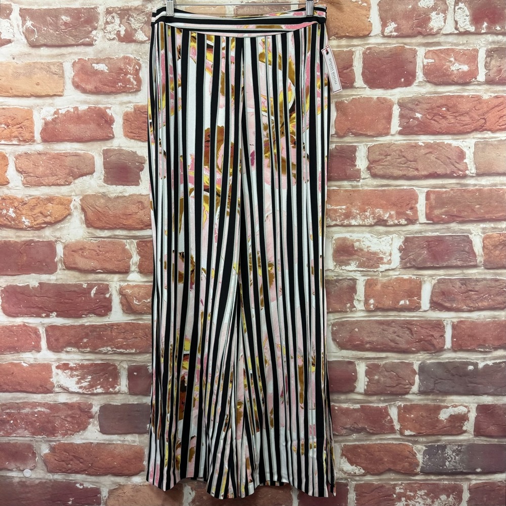 Bisou Bisou Pants Women's M Multicolor Striped Floral Casual Career Wide Leg